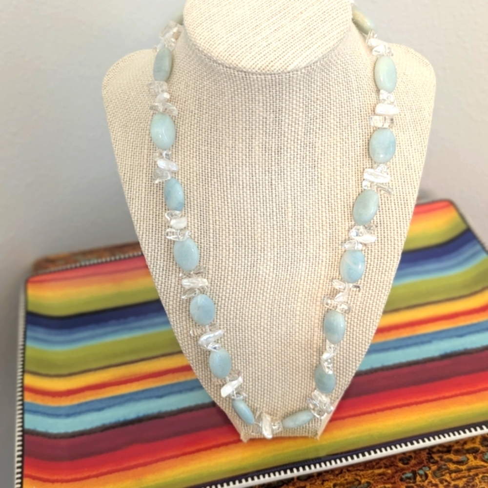 Vintage "Amazonite" and "Keishi Pearl" 925 Statement Necklace